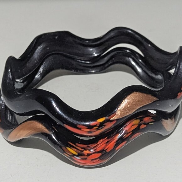 Handmade Art Glass Wavy Bangles – Black w/ Metallic & Frit Accents (Pair) - Picture 1 of 2
